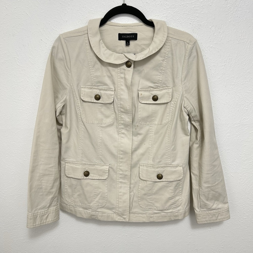 Talbots Beige Canvas Utility Field Jacket Round Collar Zip Front Size 8 Neutral